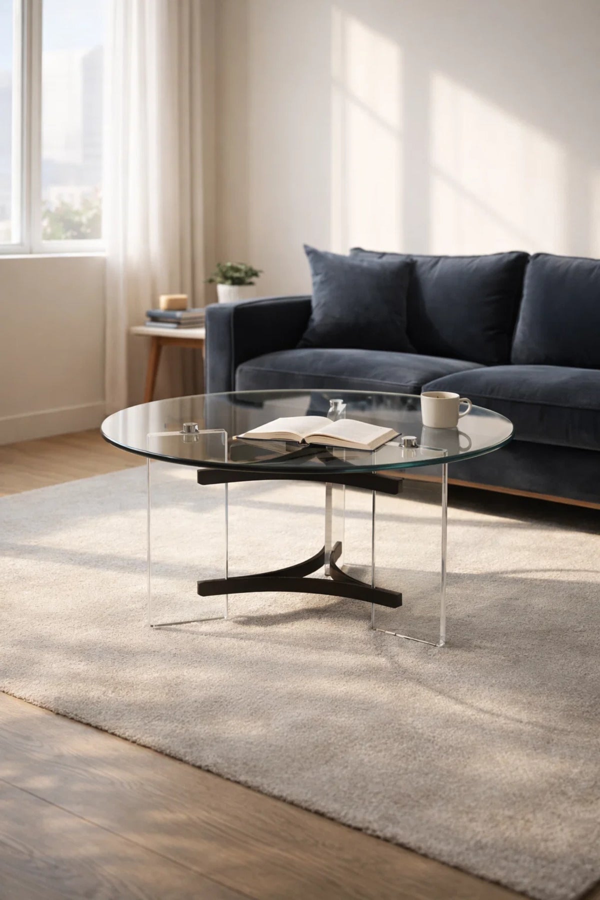 Stylish Round Center Table with Clear Acrylic Legs and Black Frame for Contemporary Living Areas