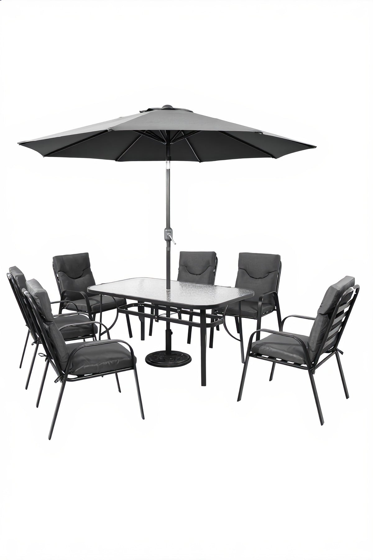 Outdoor 6-Seater Dining Set with Parasol Rectangular Table and Comfy Cushioned Chairs Dark Grey