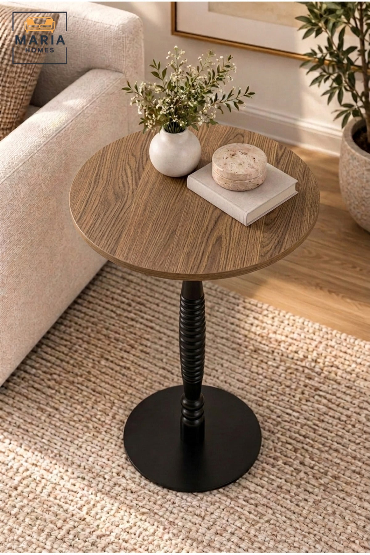Modern Round Side Table with Natural Wood Top, Decorative Black Pedestal Base, Compact Accent Table for Living Room, Bedroom & Lounge – 40 × 60 cm