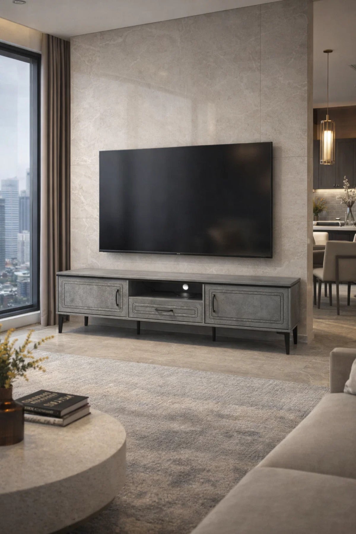 Modern Grey TV Entertainment Unit 180cm Wide Media Console with Storage Drawers Living Room