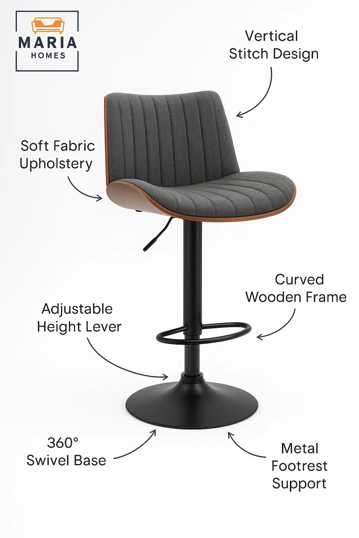 Dark Grey Adjustable Swivel Bar Stool for Kitchen Island & Counter, Soft Padded Modern Chair