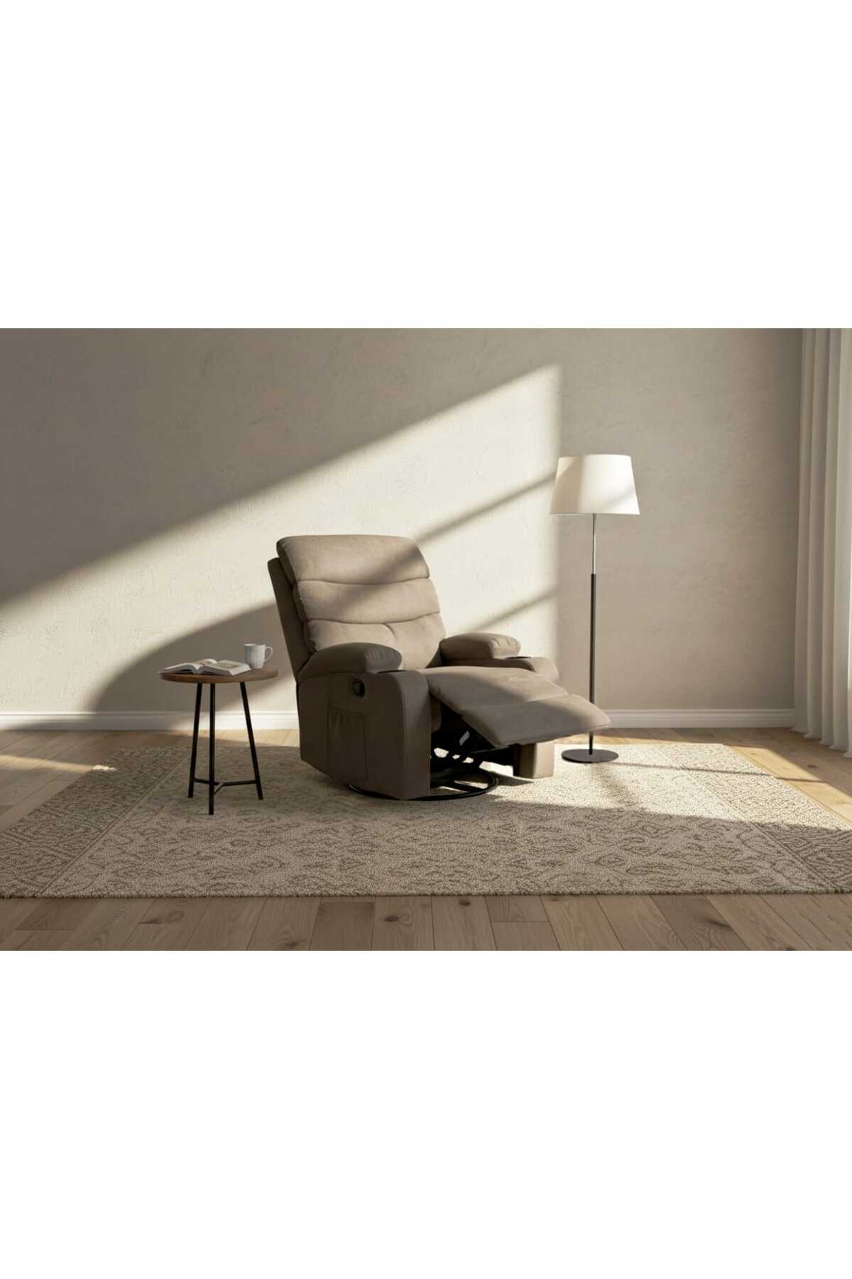 Brown Recliner Armchair with Cup Holders Ð Soft Fabric Lounge Chair for Living Room & Home Theater