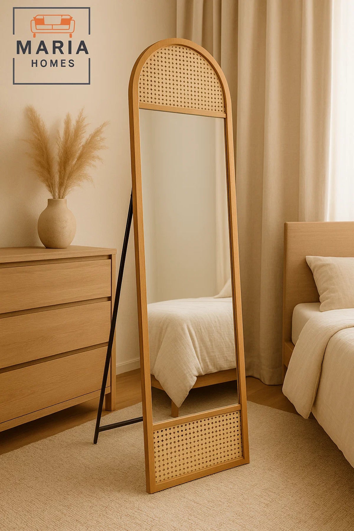 Arched Rattan Full-Length Standing Mirror Natural Wood Frame Mirror for Bedroom & Dressing Area