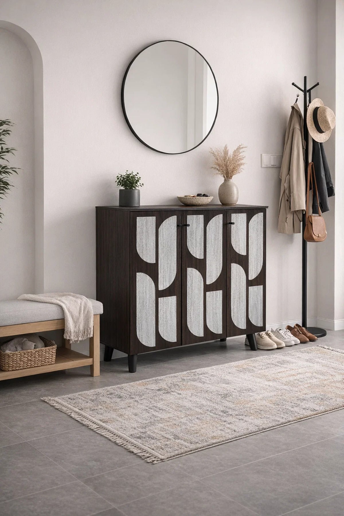Brown & Grey Shoe Cabinet 90_34_91 cm √ê Modern Shoe Organizer with Decorative Doors