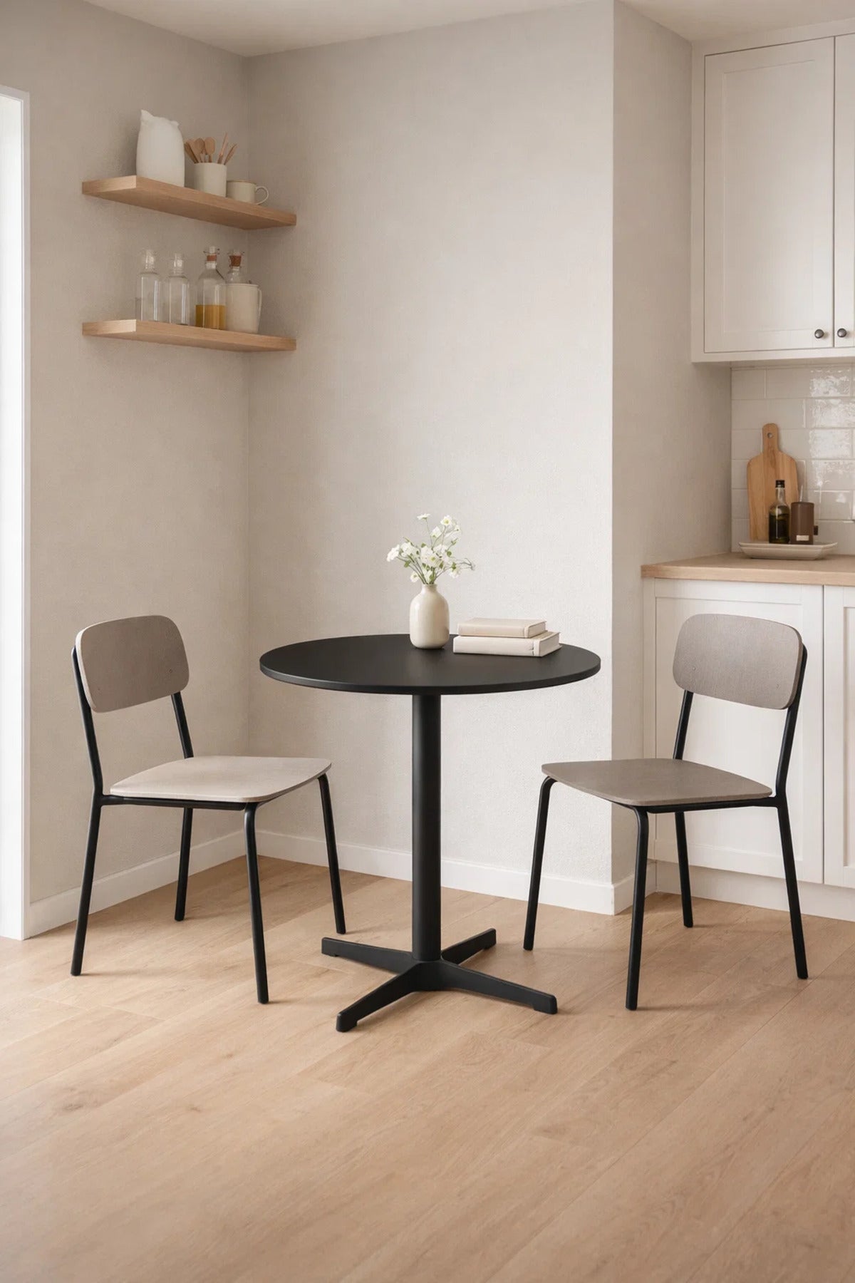 Modern Black Round Cafe Table 70cm Wood Top Metal Cross Base for Kitchen Dining Breakfast Nook