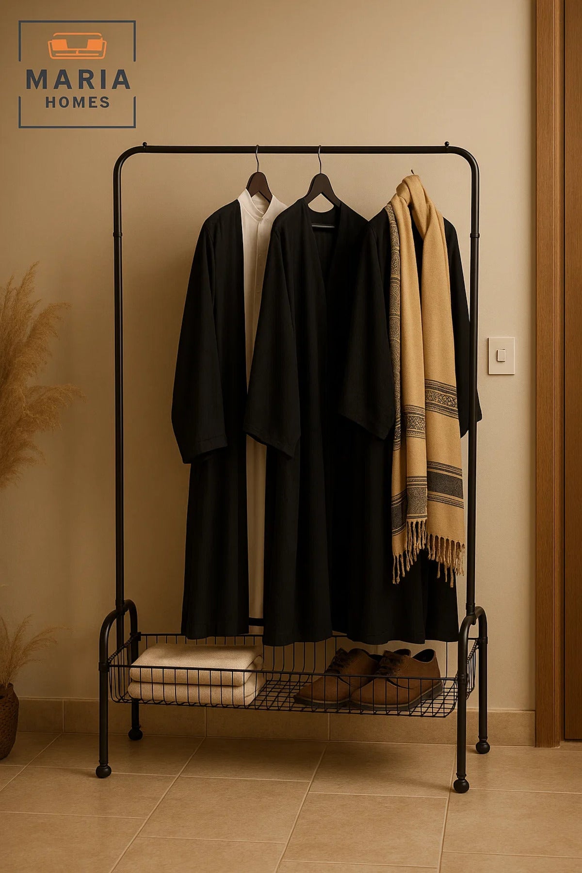 Heavy-Duty Black Garment Rack with Bottom Wire Shelf