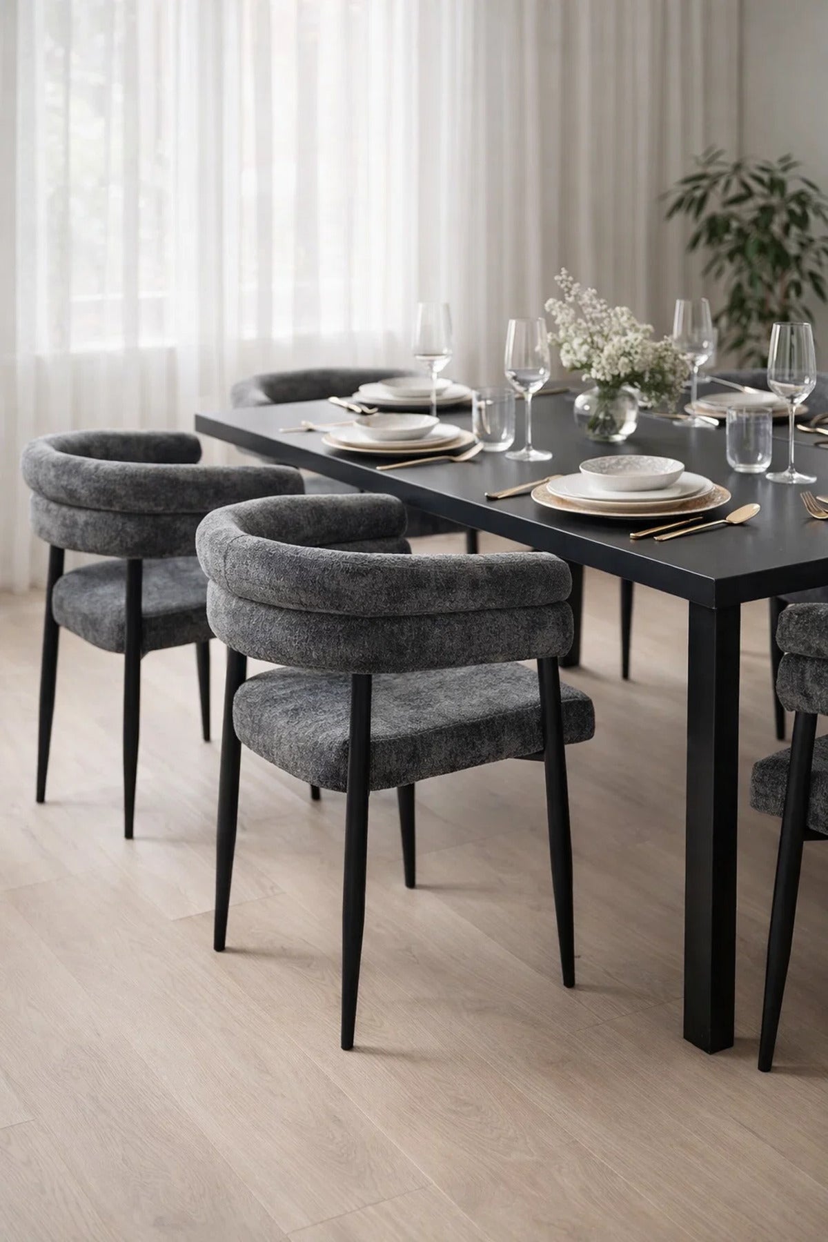 Dark Grey Fabric Arm Dining Chair 76x52x49cm Modern dark grey fabric Kitchen
