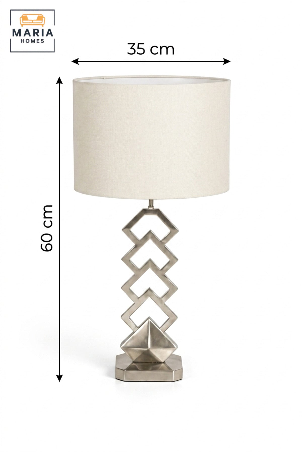 Modern Geometric Silver Table Lamp with White Drum Fabric Shade and Open Sculptural Base for Bedroom, Living Room, Office, Hotel and Bedside Décor