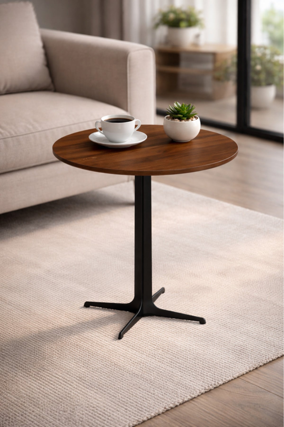Beige Round Coffee Table with Black Base, 70x70x75 CM beige round coffee Dinner