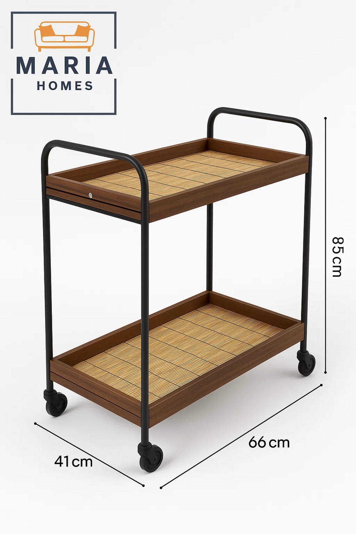 Style Rattan Bar Cart Ð 2-Tier Serving Trolley with Black Frame and Natural Wood Shelf Accents