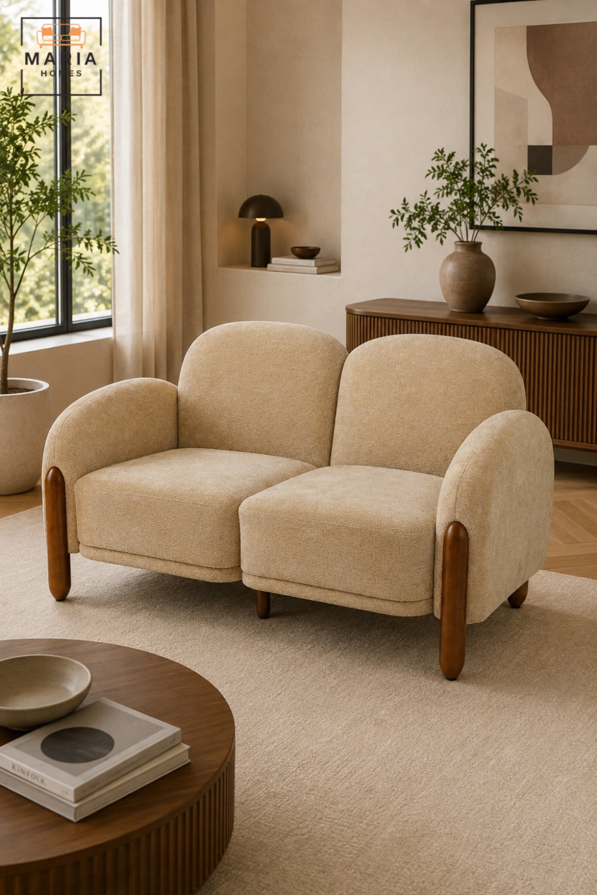 Modern 2 Seater Upholstered Sofa with Curved Armrests, Padded Cushions, Rounded Backrest and Wooden Legs for Living Room, Lounge and Bedroom