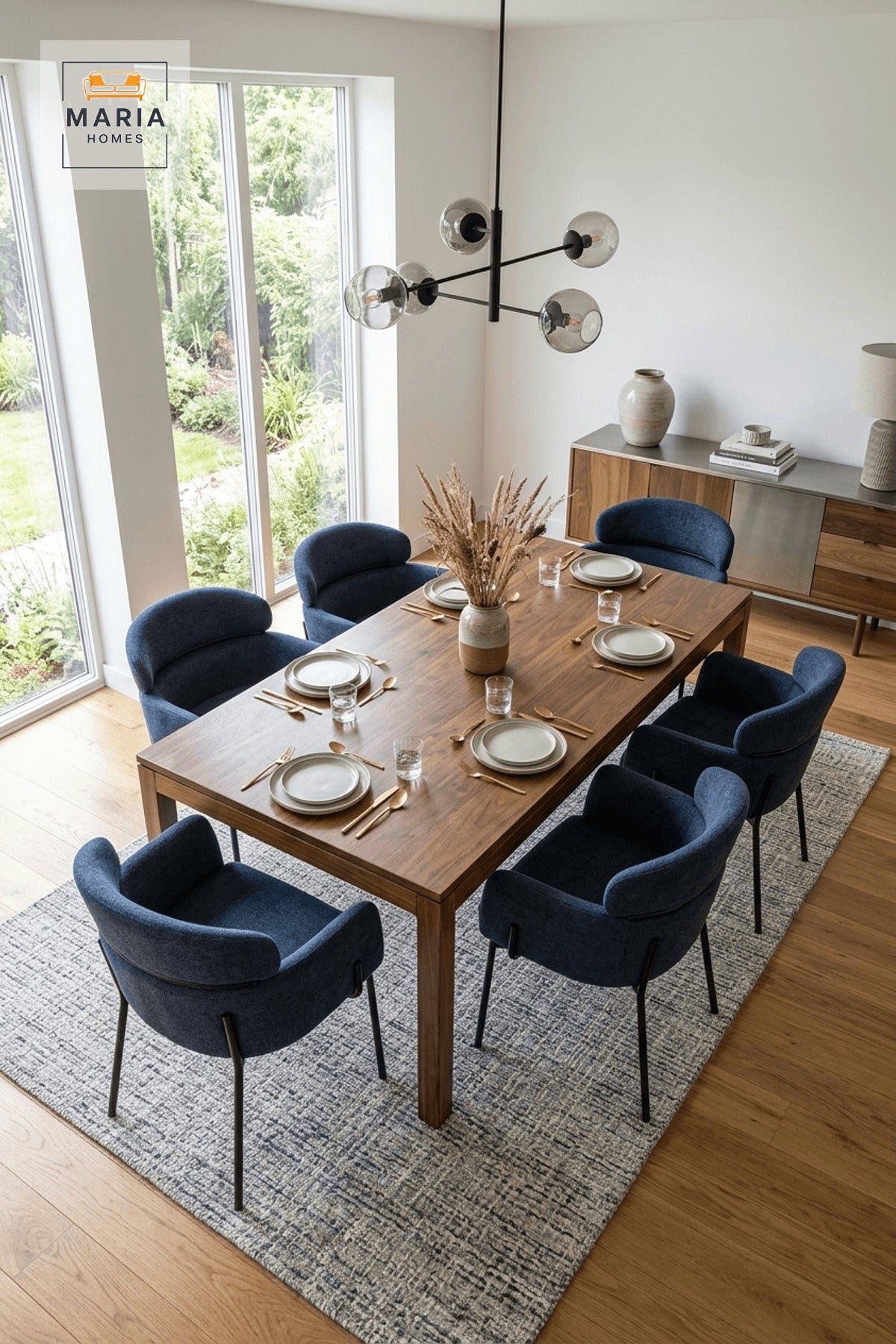 Dark Blue Upholstered Dining Chair with Black Metal Legs, Modern Accent Seat