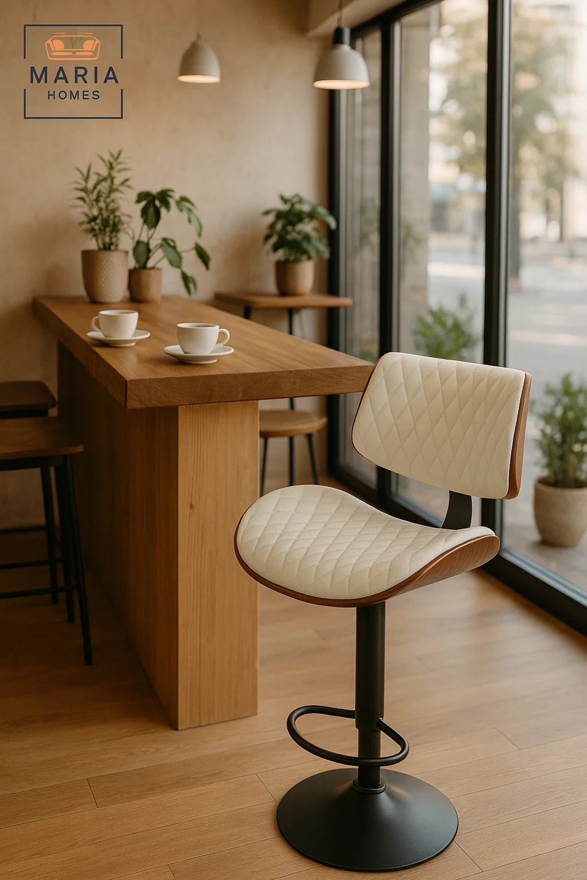 Off-White Adjustable Modern Bar Stool for Kitchen Island & Home Bar, Swivel, Cushioned, Stylish