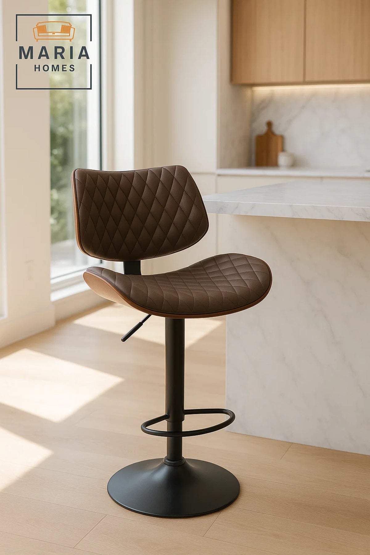Modern Adjustable Brown Bar Stool for Kitchen Island & Home Bar, Swivel, Padded & Ergonomic