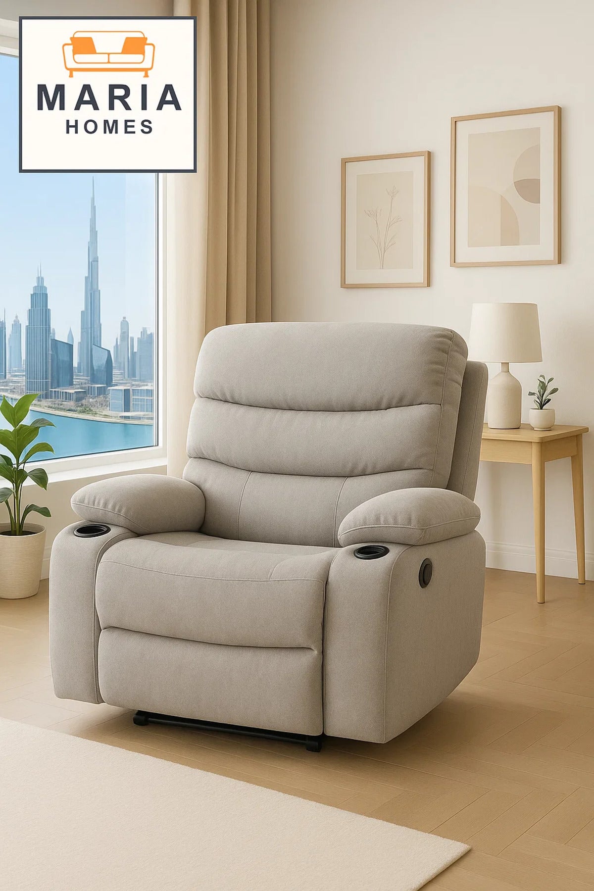 Beige Recliner Chair with Cup Holders Ð Comfortable Lounge Armchair for Living Room & Cinema