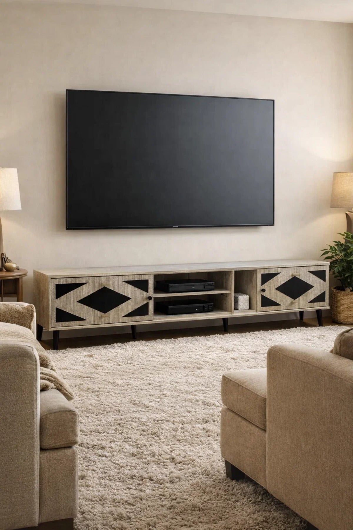 Premium Beige TV Unit 200cm Large Entertainment Center with Geometric Design for Living Room