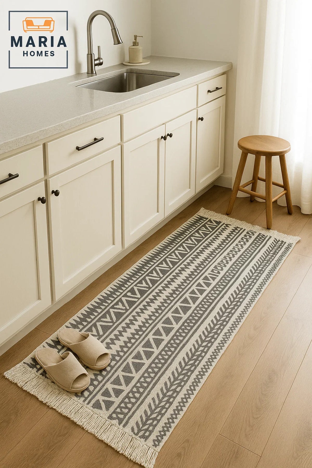 Boho Tribal Cotton Runner Rug with Fringes Ð Black & Cream, size 90*200 cm