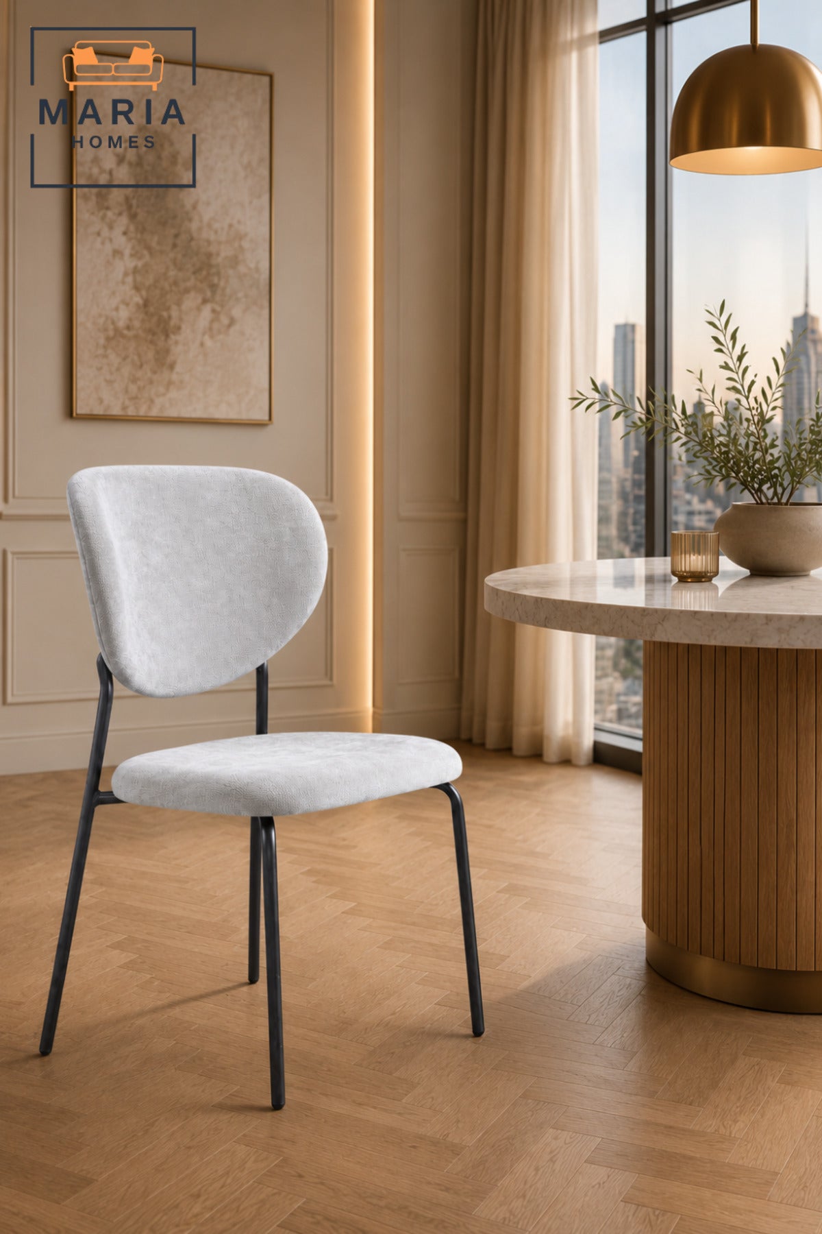 Modern Dining Chair Upholstered Fabric Kitchen Chair Metal Legs for Dining Room Grey White