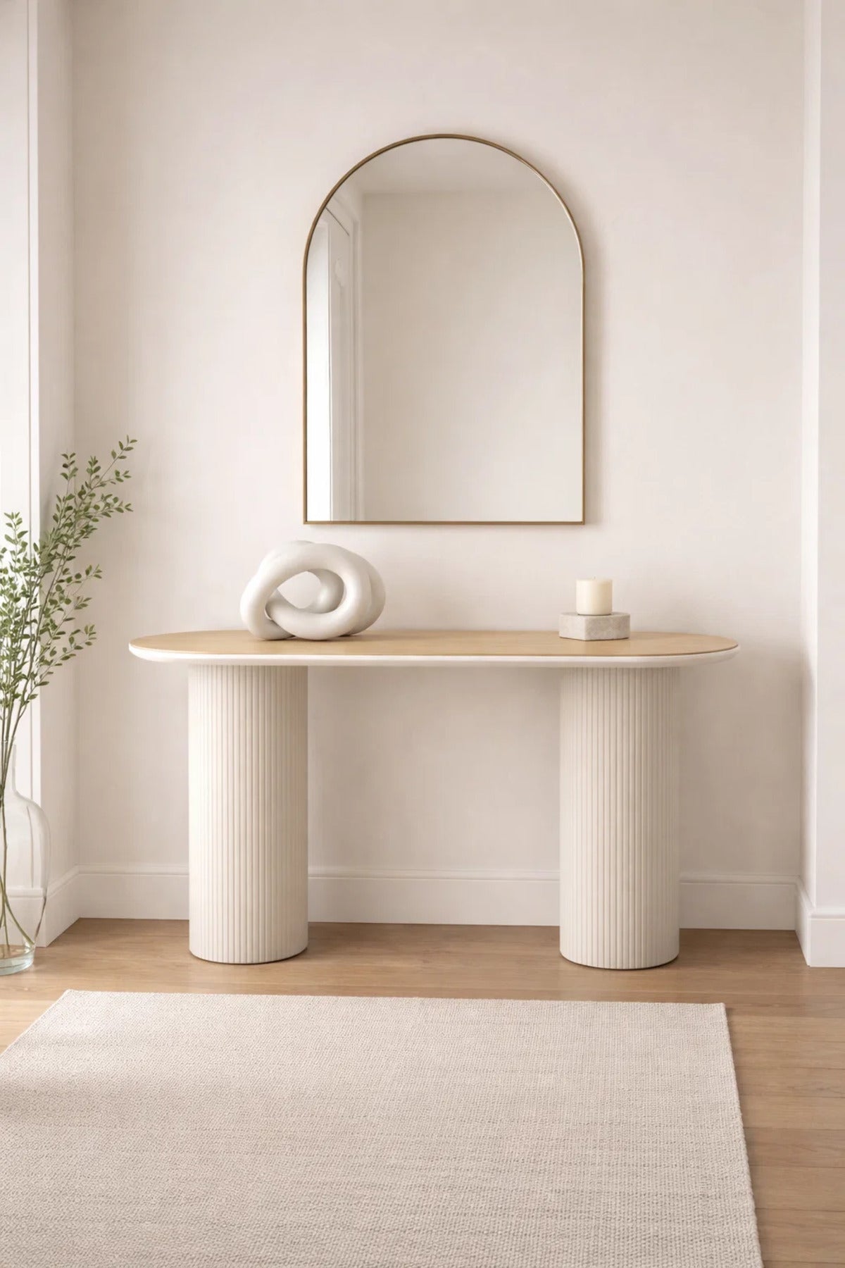 Modern Oval Console Table Beige Ribbed Pillar Legs Natural Wood Top Entryway Living Room 120cm