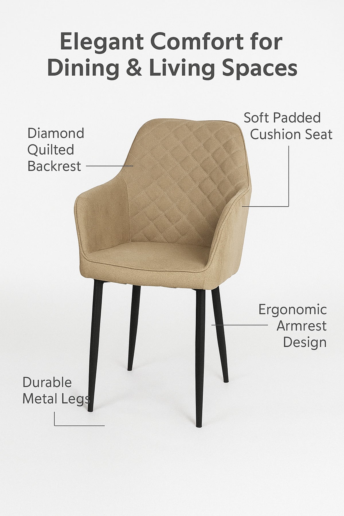 Beige Fabric Dining Chair Ð Modern Quilted Armchair with Black Metal Legs for Dining Room & Office