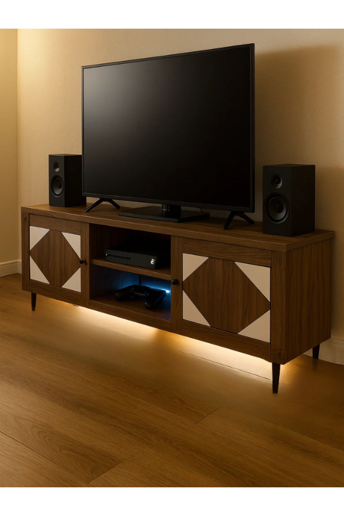 Modern Walnut TV Cabinet 160_39.5_55 cm Wooden Entertainment Unit with Geometric White Doors