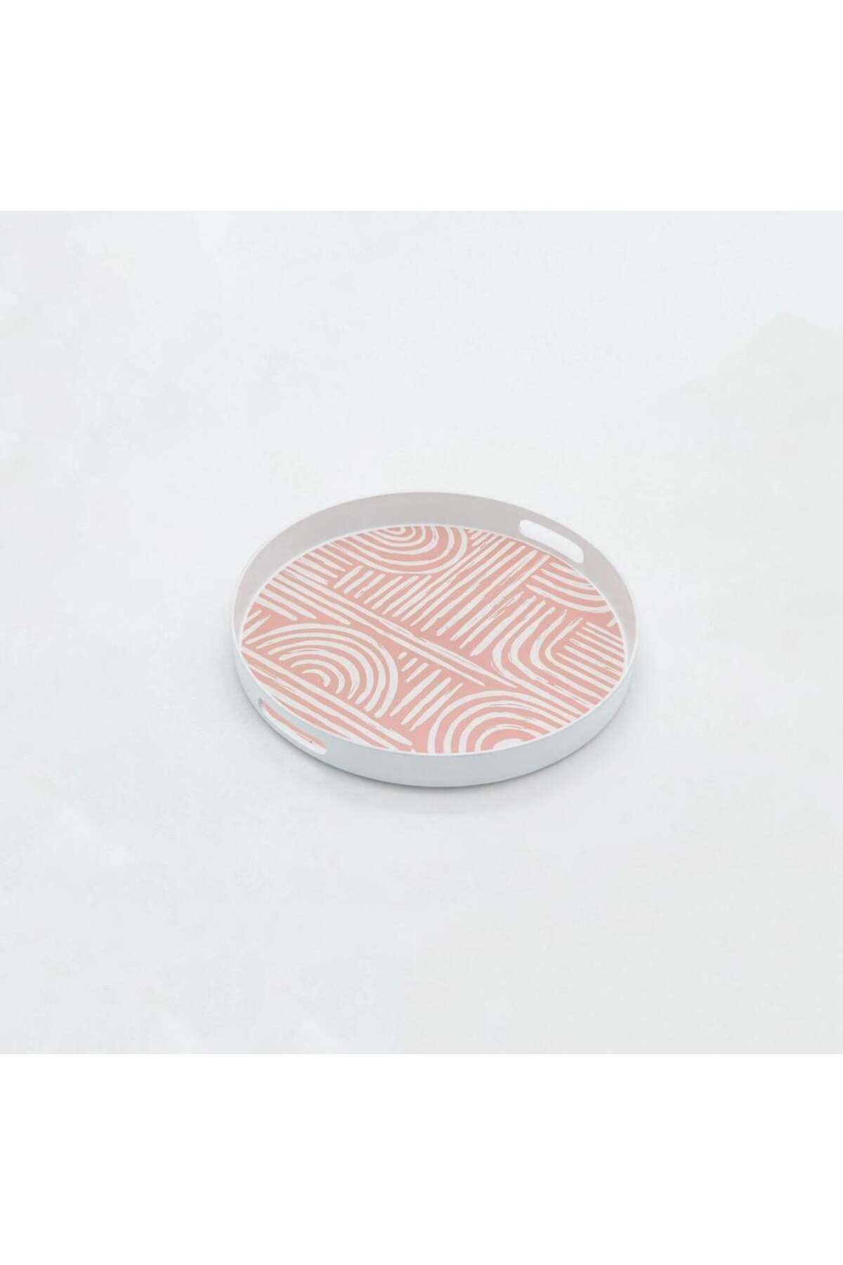 Round Plastic Serving Tray with Pink Abstract Line Pattern and Cutout Handles