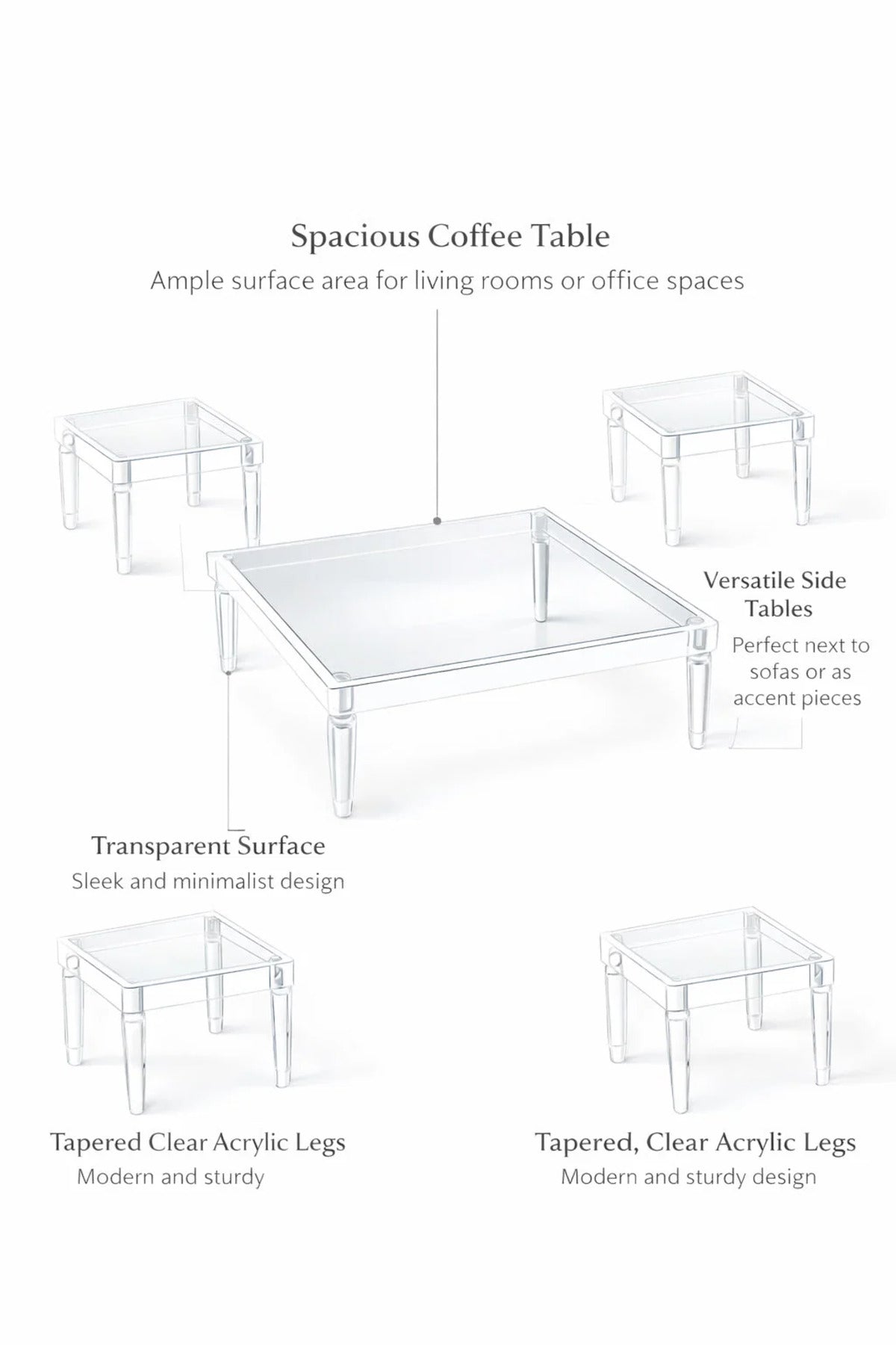 Modern 5-Piece Glass Coffee Table Set with Acrylic Base √ê Clear Glass with Elegant Acrylic Legs