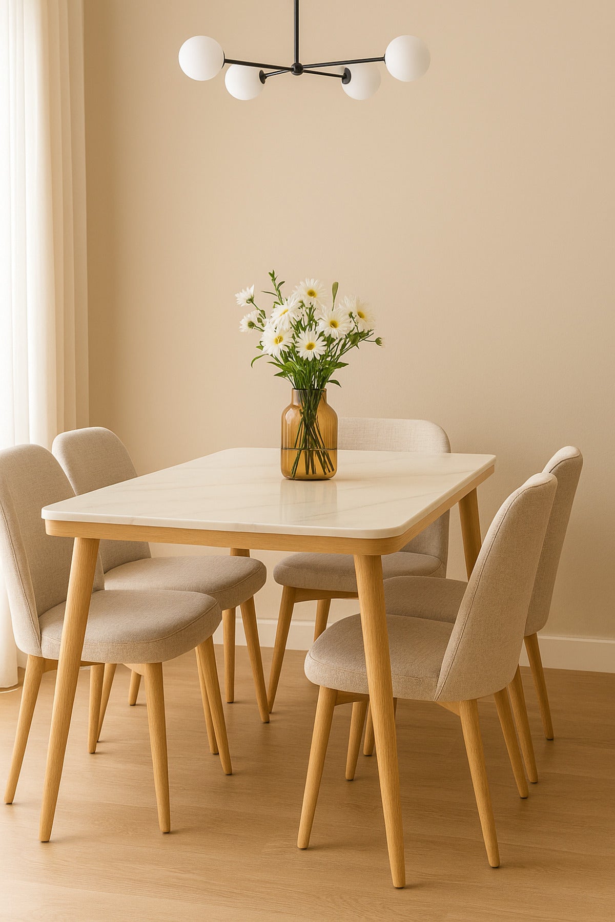 Rectangular Dining Table with White Marble-Effect Top & Light Wood Legs Ð 120_70_76 cm