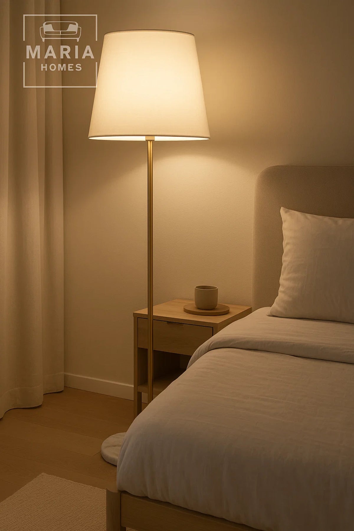 Gold Floor Lamp with White Shade and Marble Base