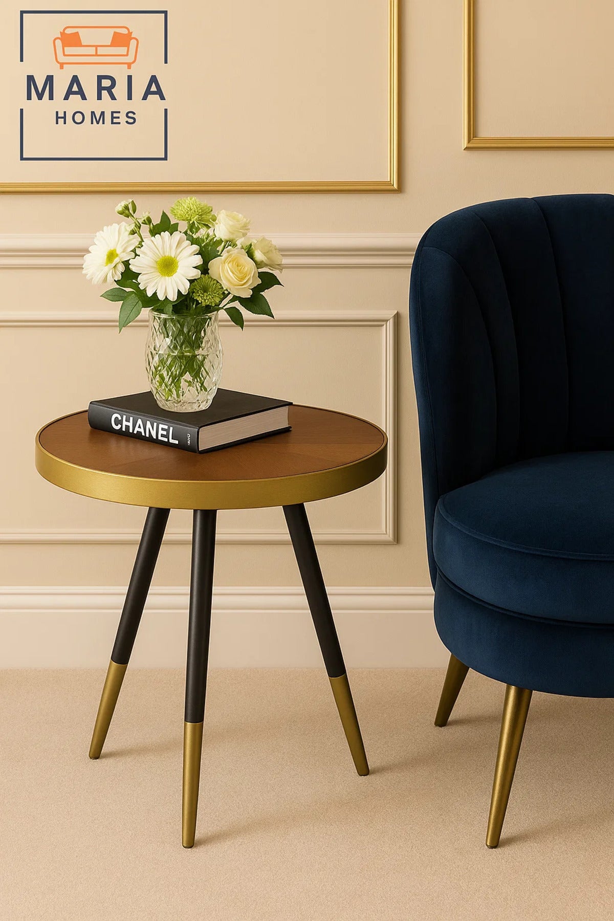 Tripod Round Side Table with Gold and Walnut Finish