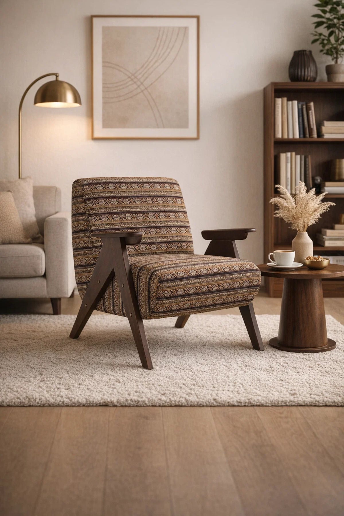 Elegant Wooden Armchair with Bohemian Patterned Fabric for Living Room and Office Interiors