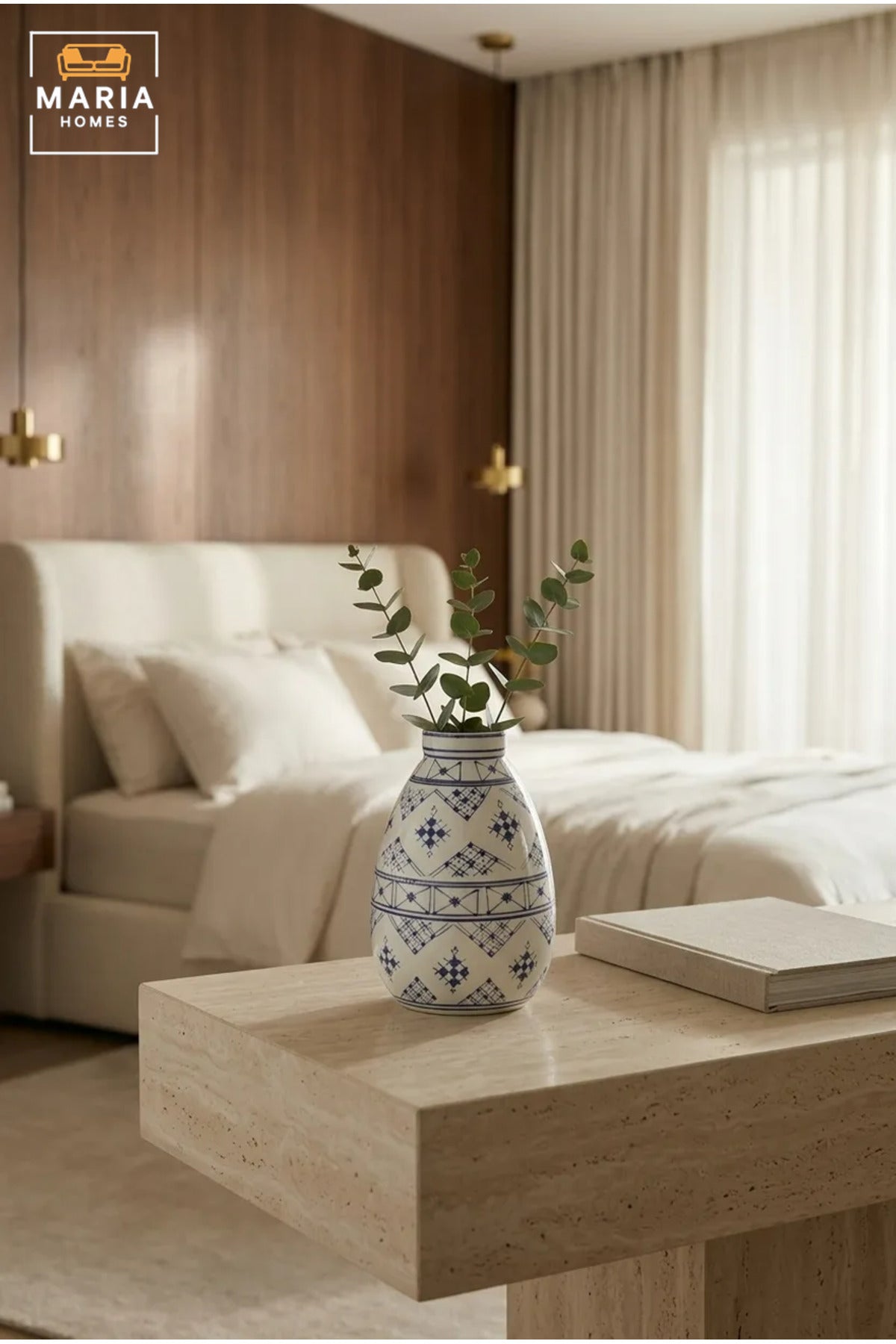 Blue and White Patterned Decorative Vase, Modern Ceramic Teardrop Flower Holder with Geometric Design for Living Room, Bedroom, Shelf and Table Décor