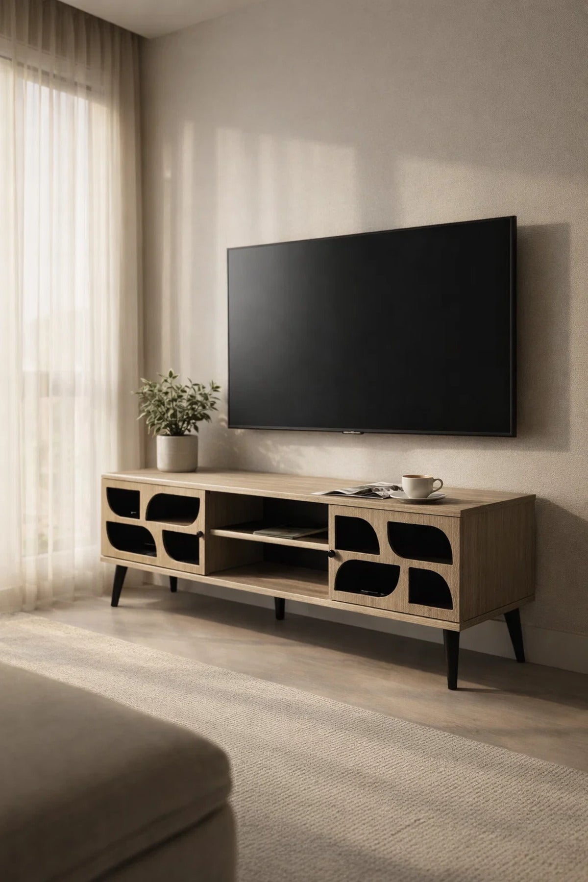 Modern Beige TV Table 160cm Wide Media Stand with Geometric Black Detail for Stylish Living Rooms