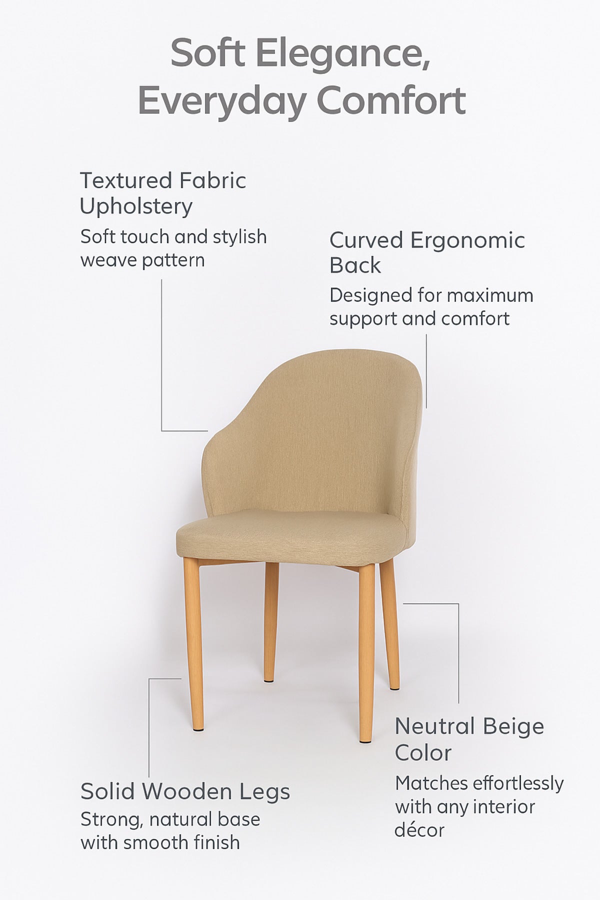 Beige Fabric Dining Chair Ð Modern Curved Back Upholstered Chair with Wooden Legs for Dining Room