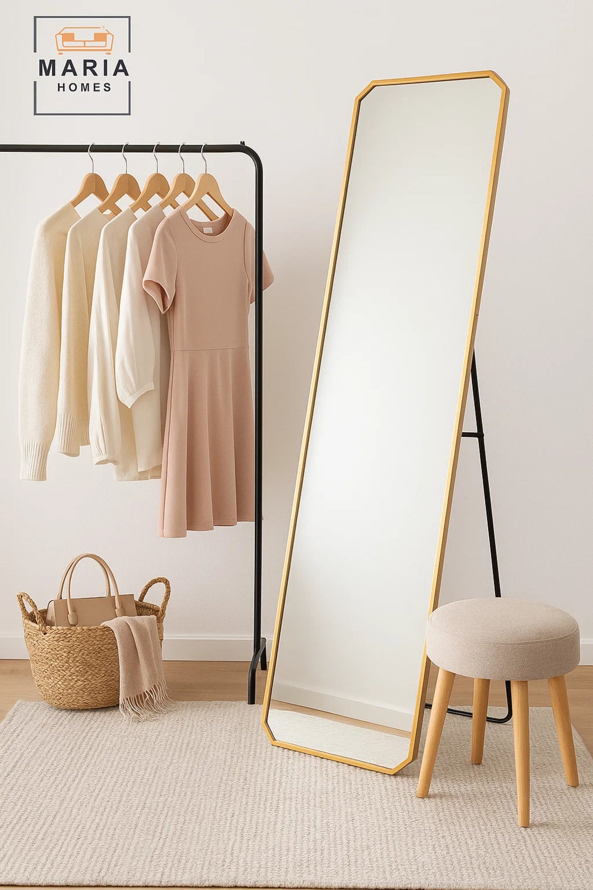 Gold Full-Length Standing Mirror with Angled Corners Ð 160x40cm Elegant Bedroom Dressing Mirror