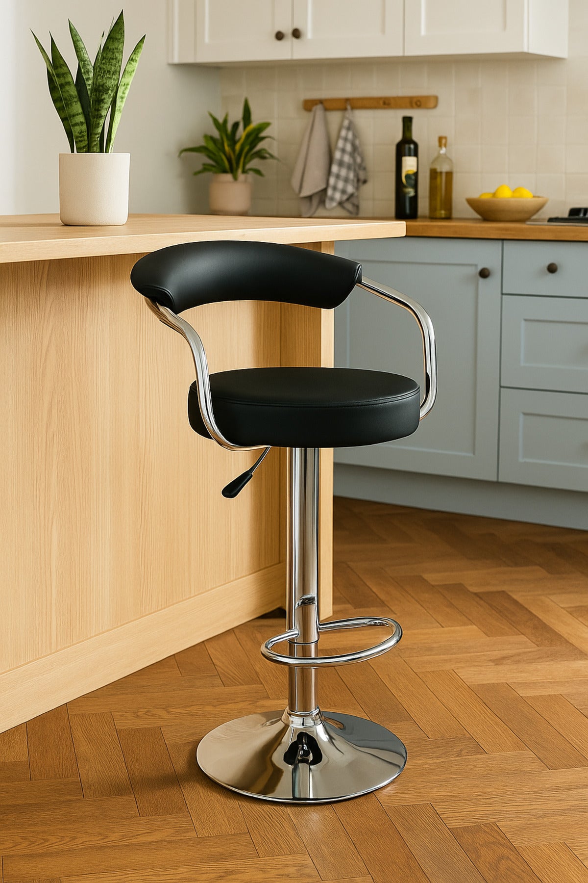 Adjustable Black Bar Stool With Chrome Base And Curved Backrest Ð Modern Design For Home Or Bar Use