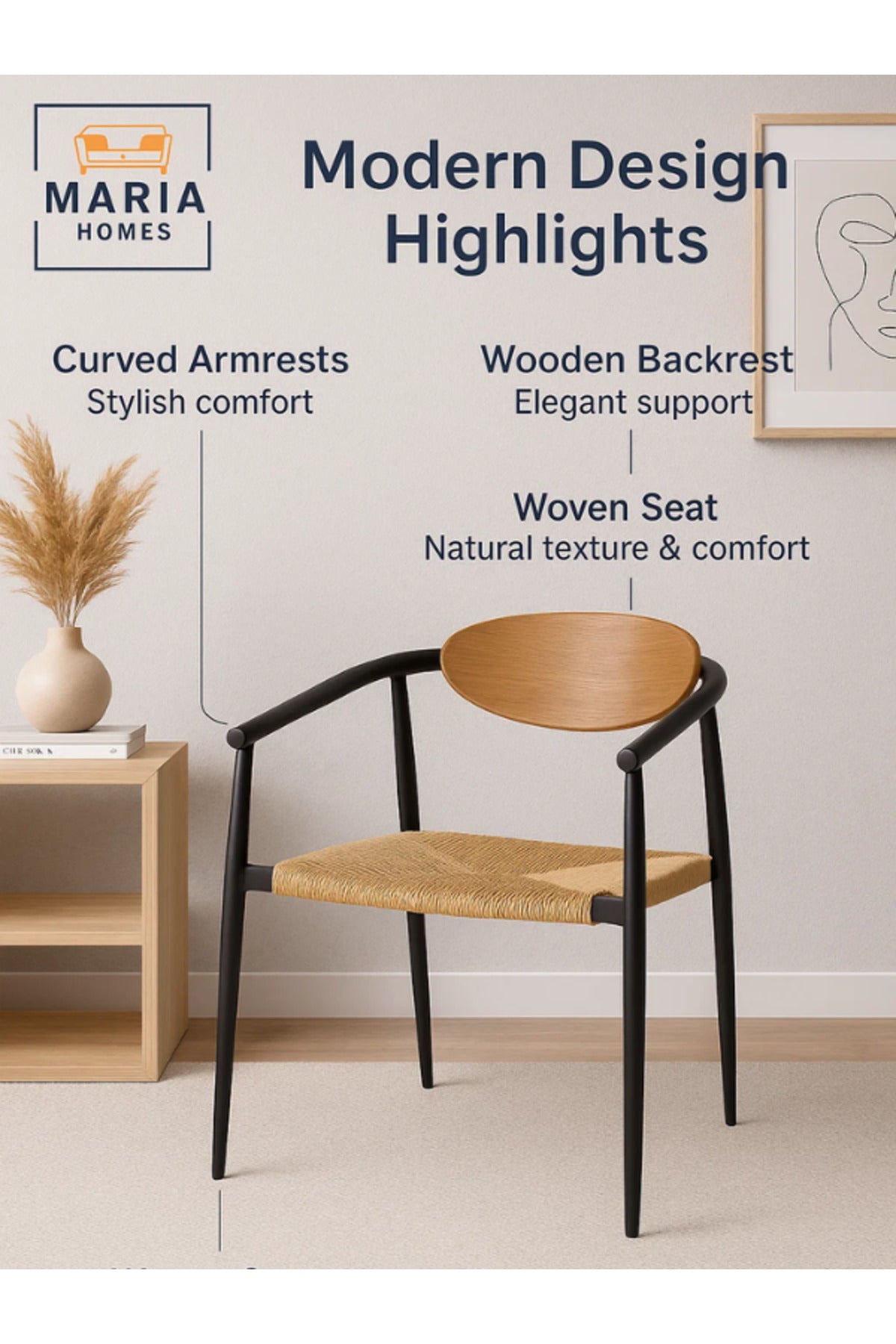 Modern Black & Champagne Dining Chair Ð Wooden Backrest with Woven Seat
