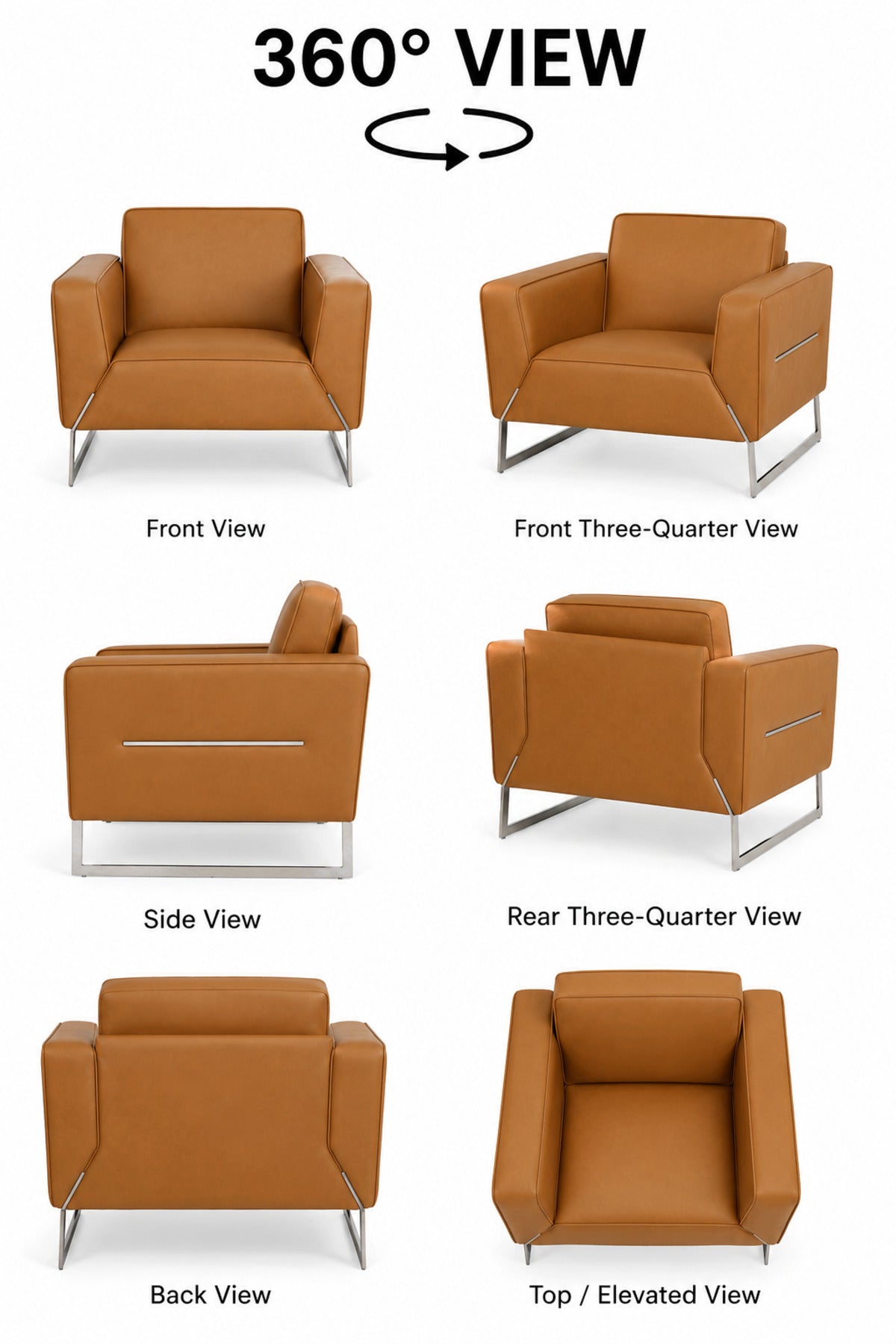 Modern Tan Leather Armchair with Stainless Steel Sled Base, Wide Padded Seat & Armrests, Contemporary Accent Lounge Chair for Living Room Office Reception