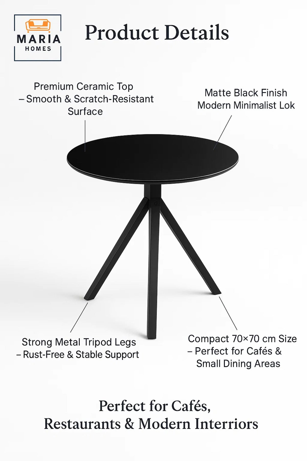 Round Black Dining Table √ê Modern Caf≈Ω, Restaurant, Office & Home Metal Furniture 70_70 cm