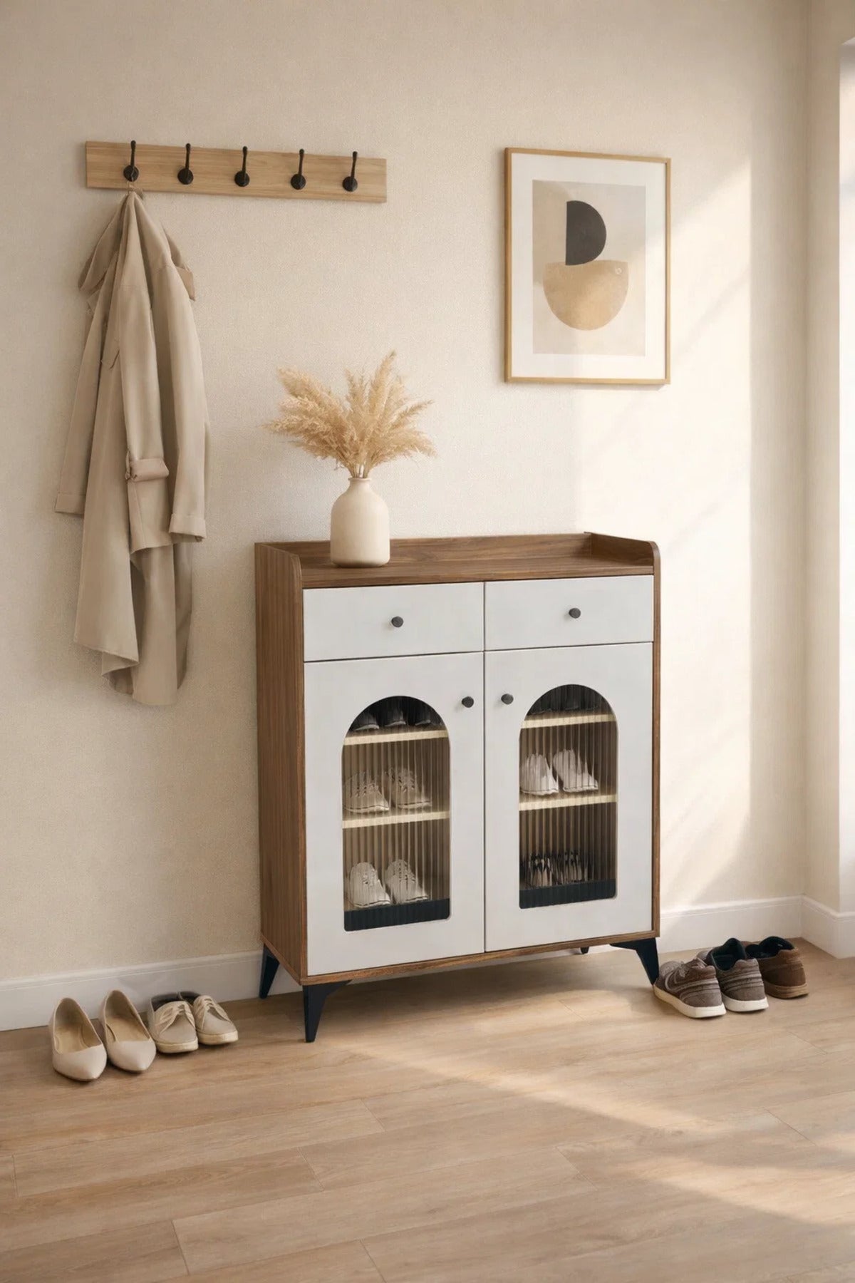 Contemporary Shoe Storage Cabinet with Arched Glass Doors and Drawers for Hallway Organization