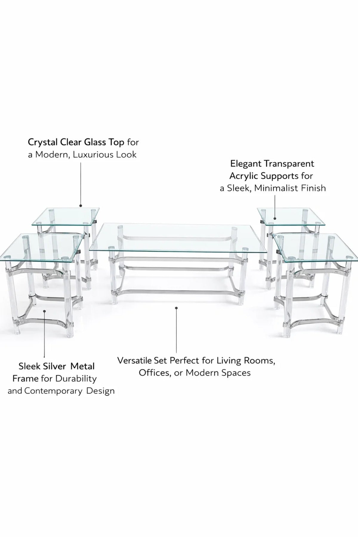 Premium Acrylic Center Table Set 1+4 with Glass Top and Silver Accents for Modern Living Room