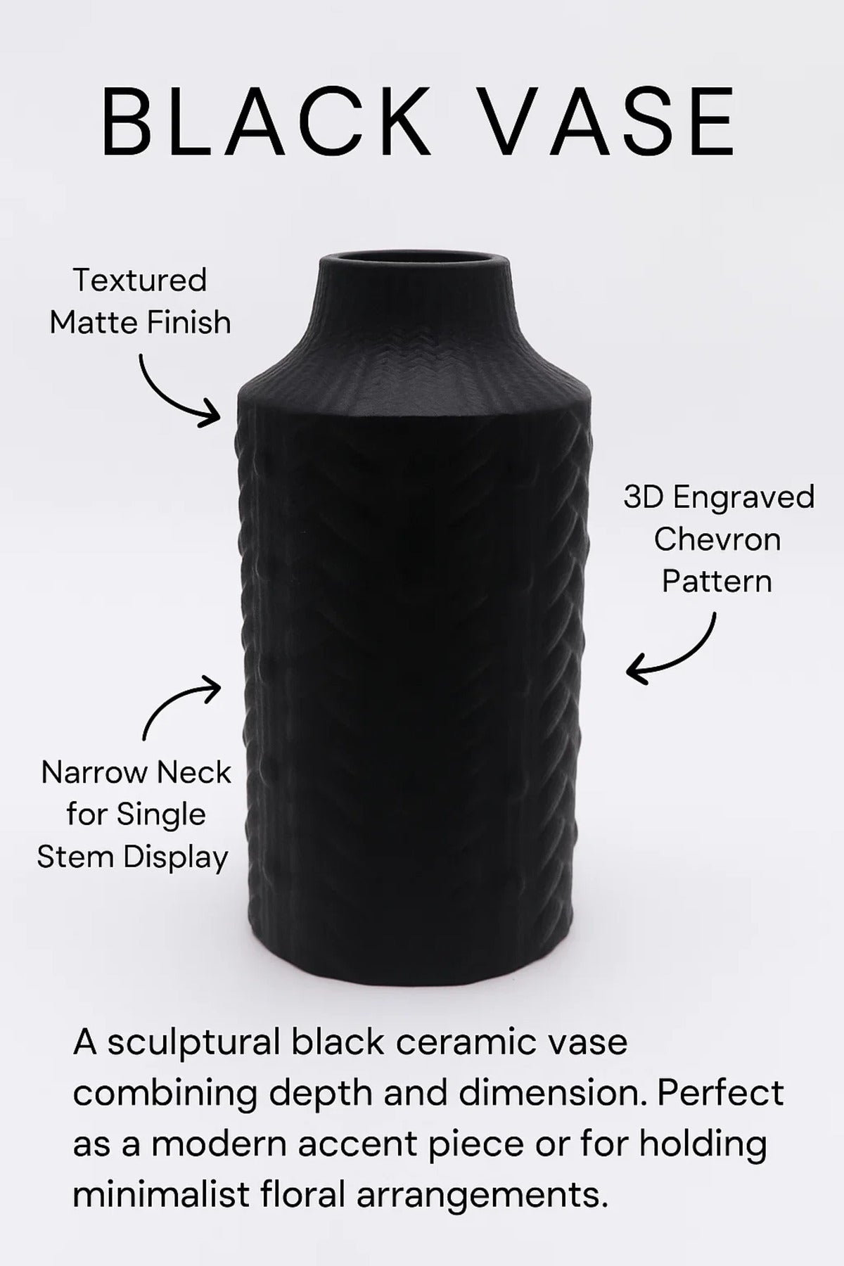 Black Textured Ceramic Vase Ð Modern Matte Decorative Flower Pot with Embossed Geometric Pattern