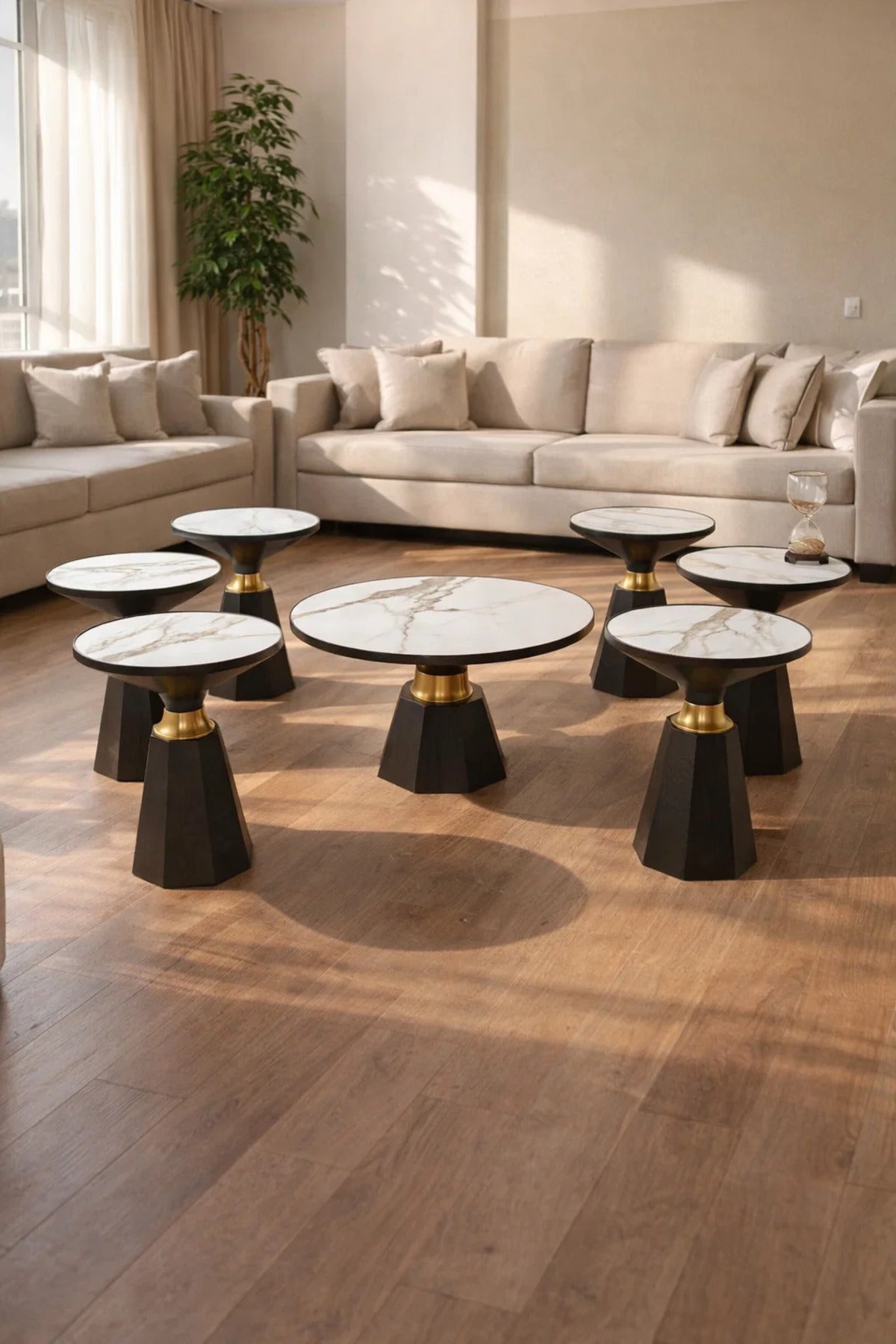 Modern 7-Piece Coffee Table Set Ceramic Top Black Base Gold Detail Center Table Living Room Kit