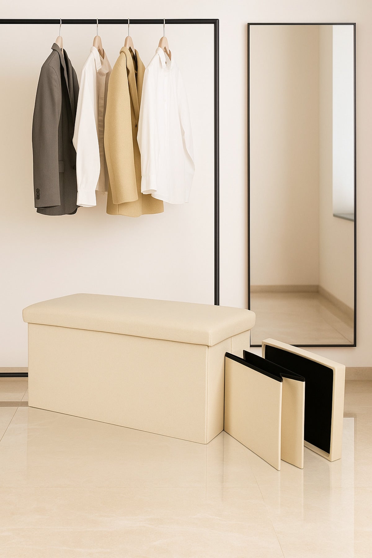White Foldable Storage Ottoman Bench 76_38_38 cm Ð Multipurpose Fabric Seat with Hidden Storage