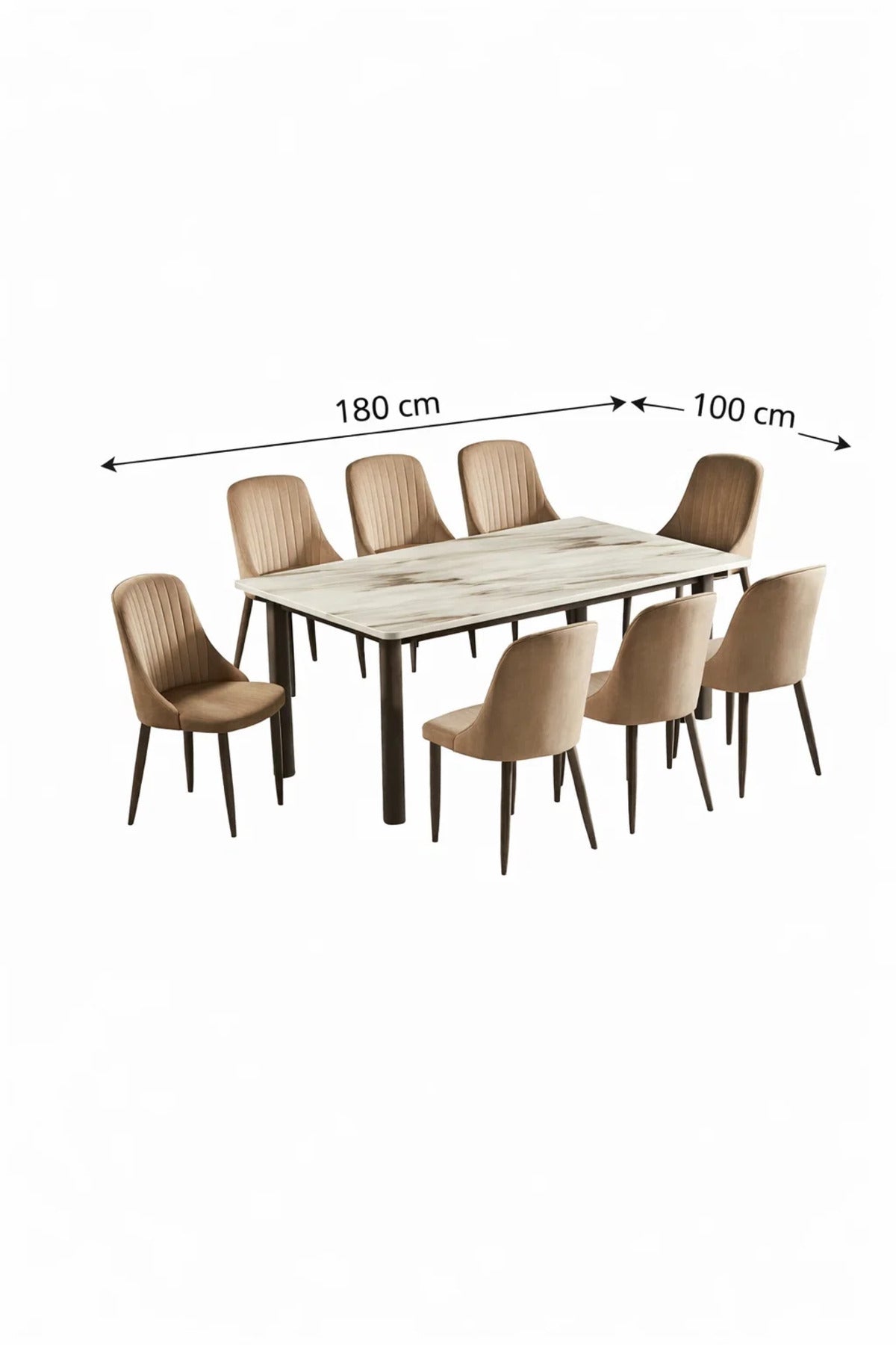 Modern 9-Piece Dining Set with Marble Top Table and 8 Brown Velvet Chairs for Luxury Home Dining
