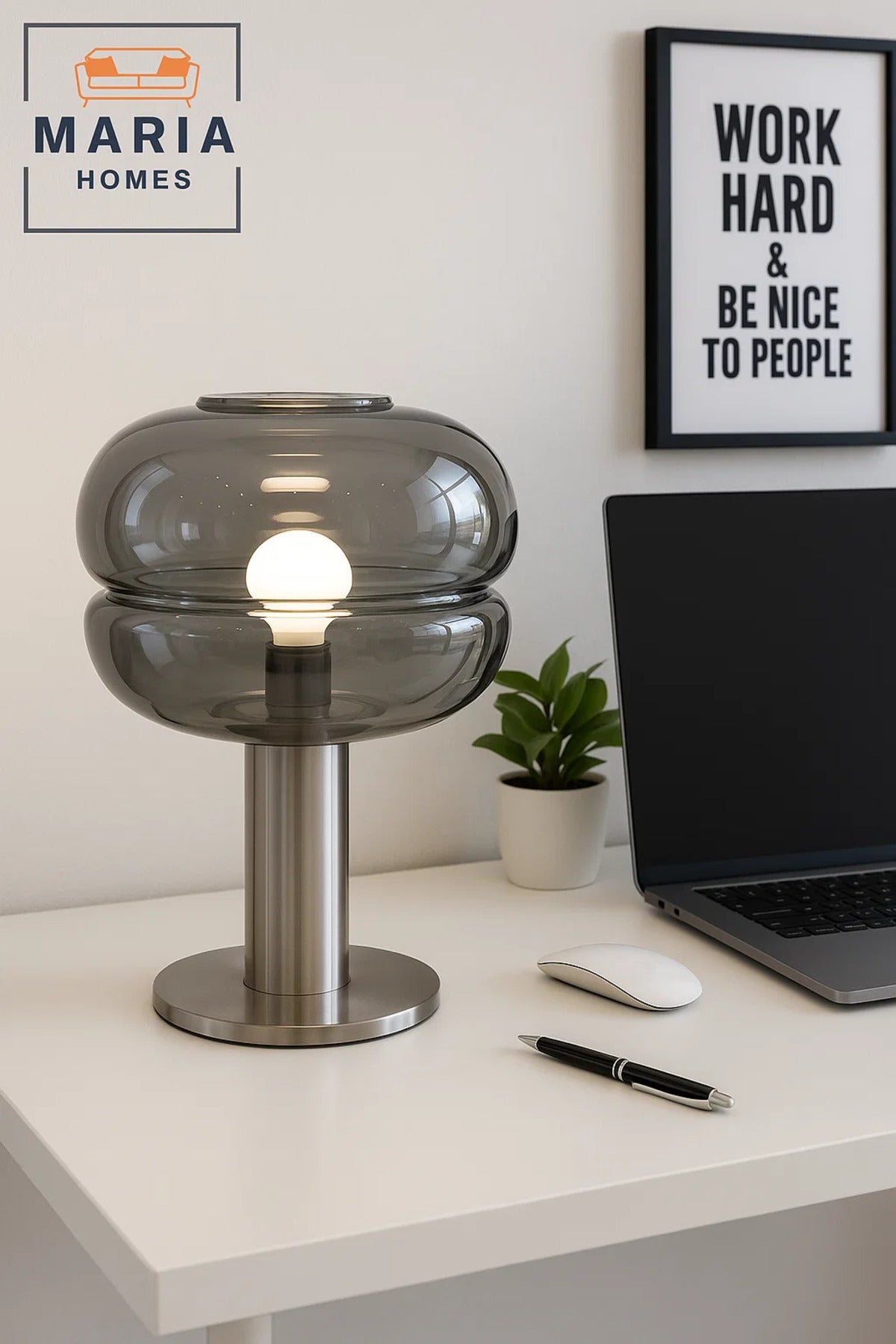 Brushed Steel Lamp With Smoked Glass Dome
