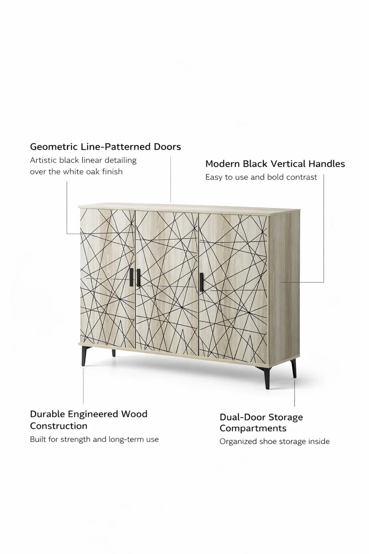 Stylish Geometric Shoe Cabinet 3 Door White Oak Finish with Black Metal Legs for Modern Home Entry