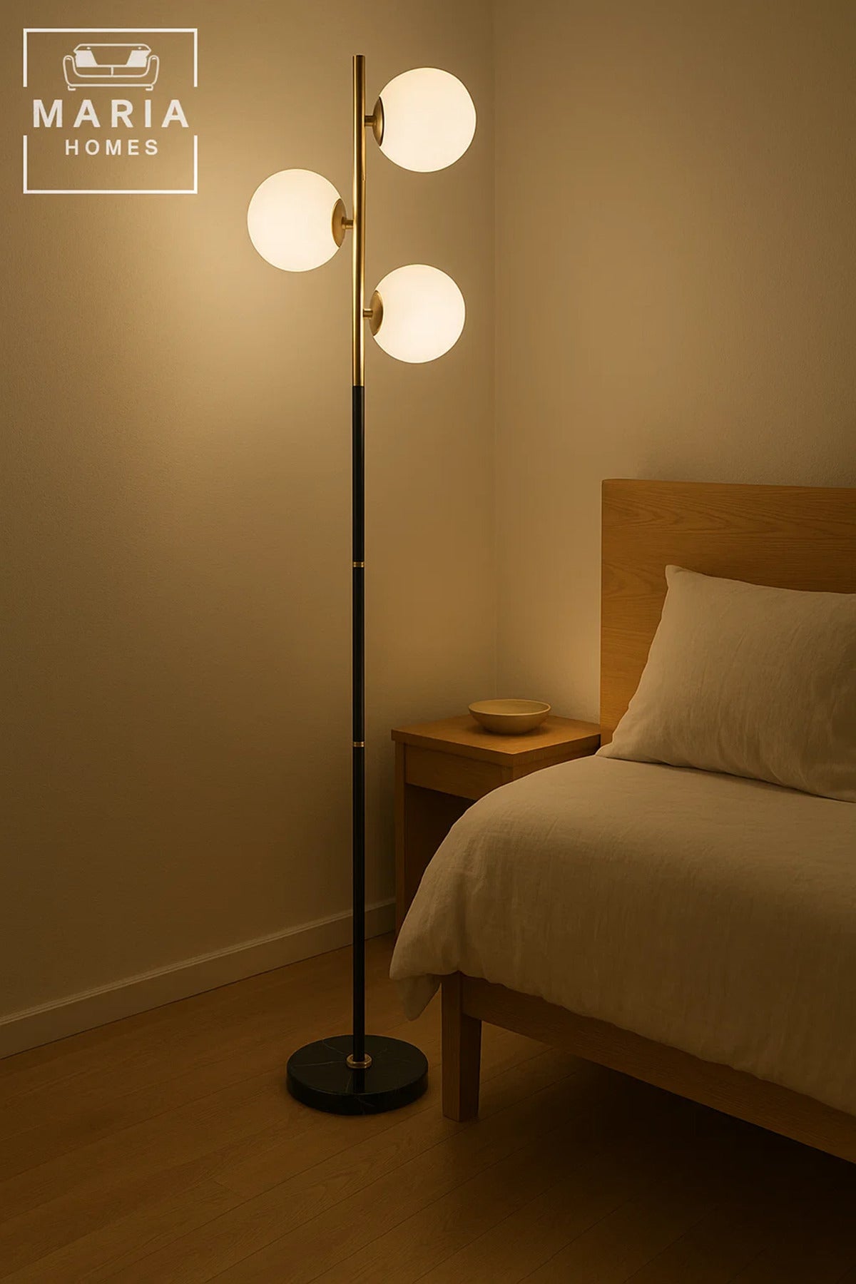Black and Gold Floor Lamp with Three Globe Lights