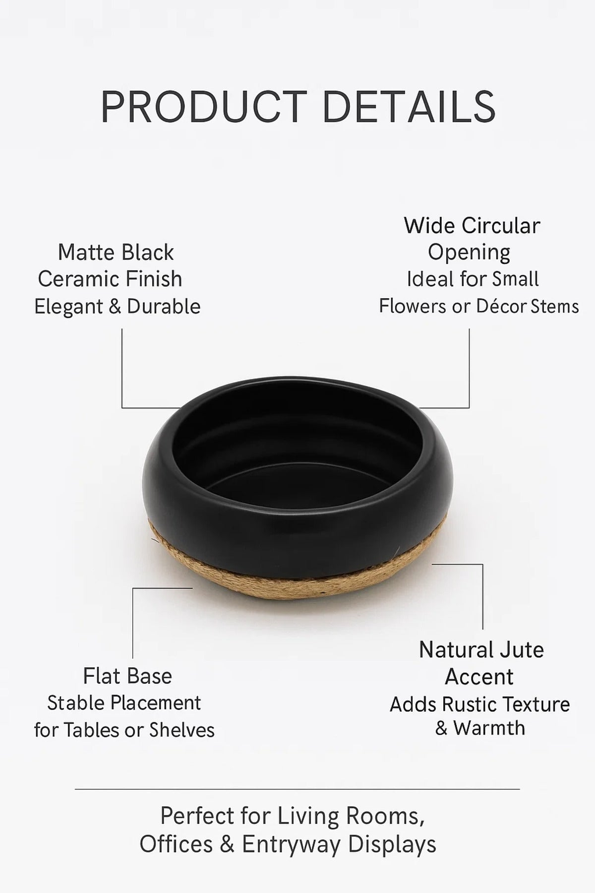 Black Ceramic Bowl Planter Ð Modern Decorative Rope Design Pot for Home and Office DŽcor