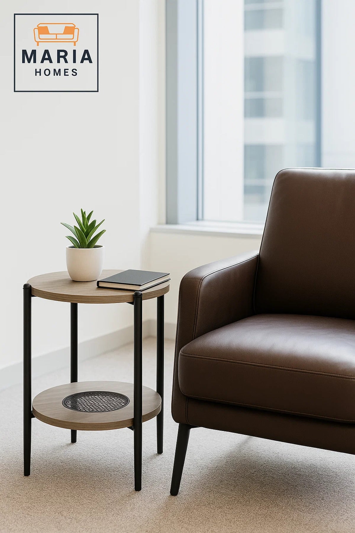 Modern Dark Wood Side Table √ê Round Coffee Table with Storage Shelf 40_40_55 cm